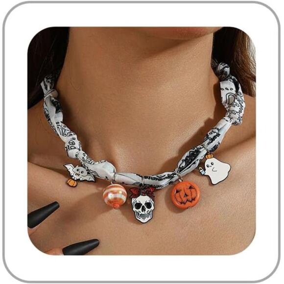 Boho Silk Scarf Necklace with Pendant Charm – Vintage Bandana Choker - Picture 1 of 5